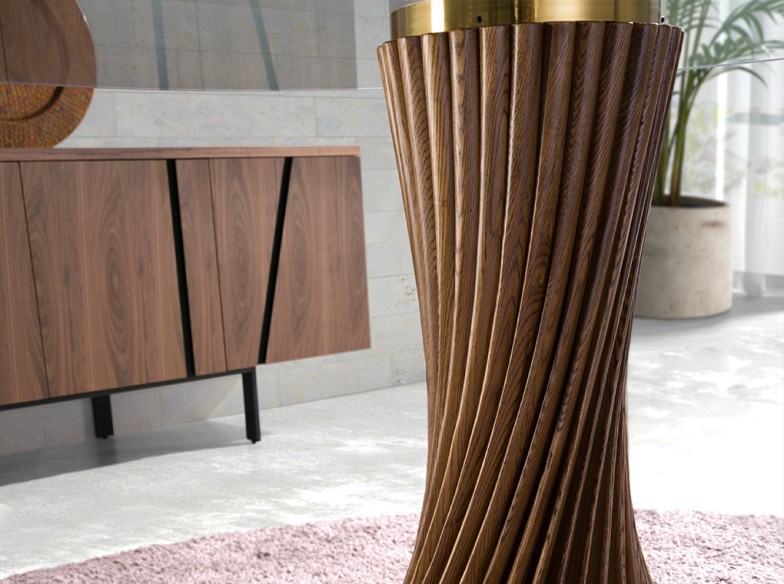 Mesa comedor redonda cristal templado y nogal