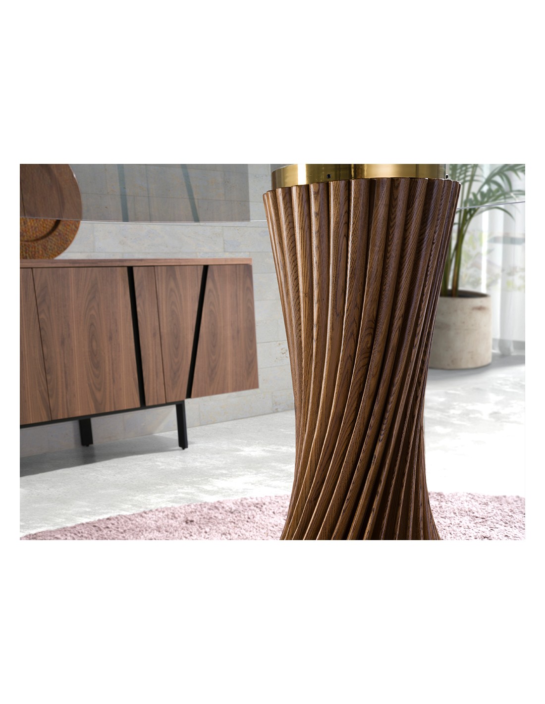 Mesa comedor redonda cristal templado y nogal