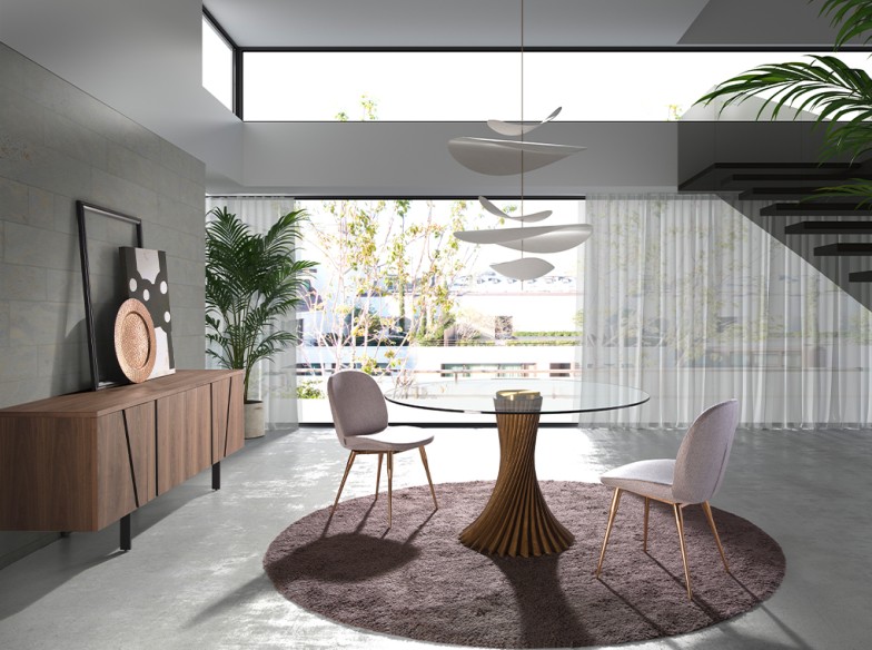 Mesa comedor redonda cristal templado y nogal