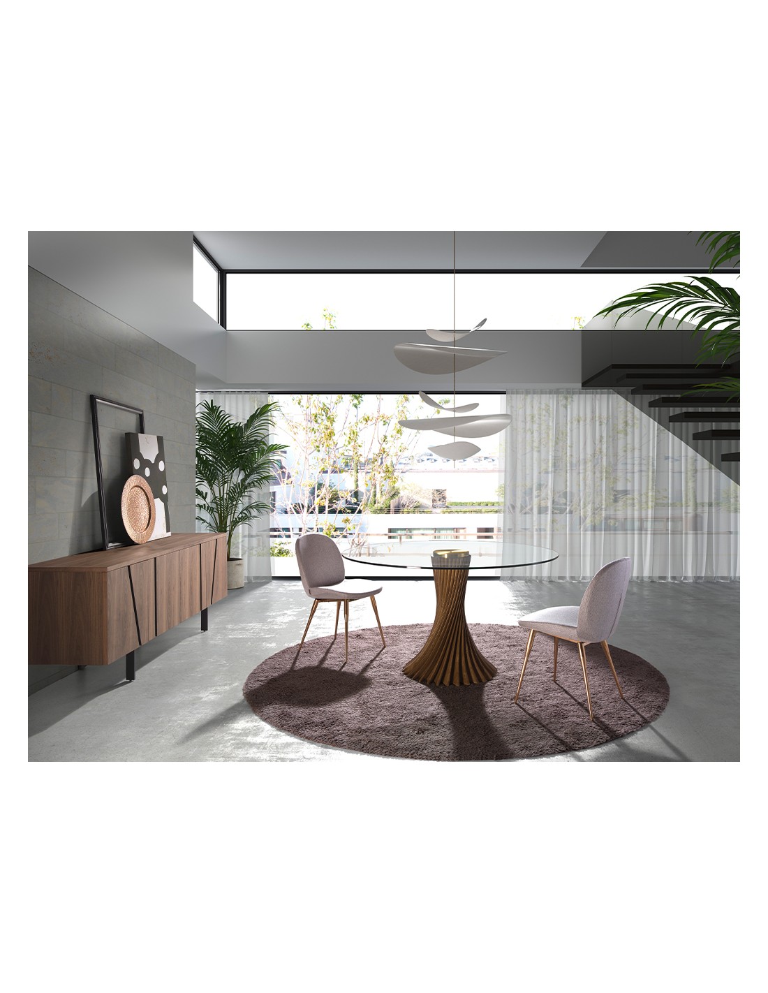 Mesa comedor redonda cristal templado y nogal