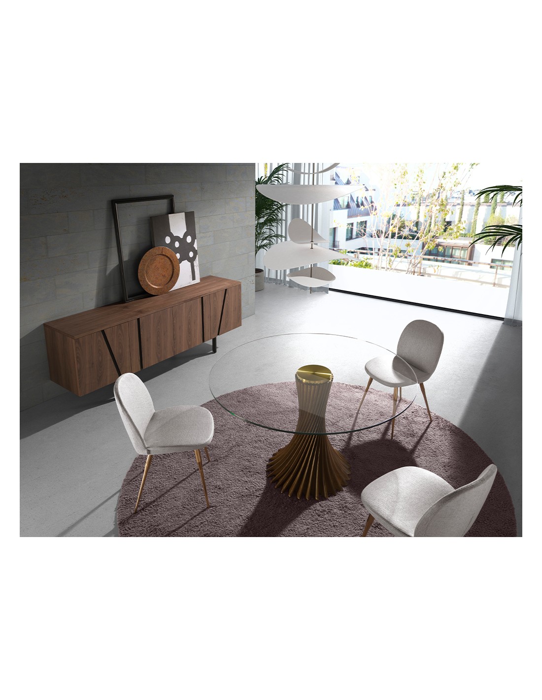 Mesa comedor redonda cristal templado y nogal