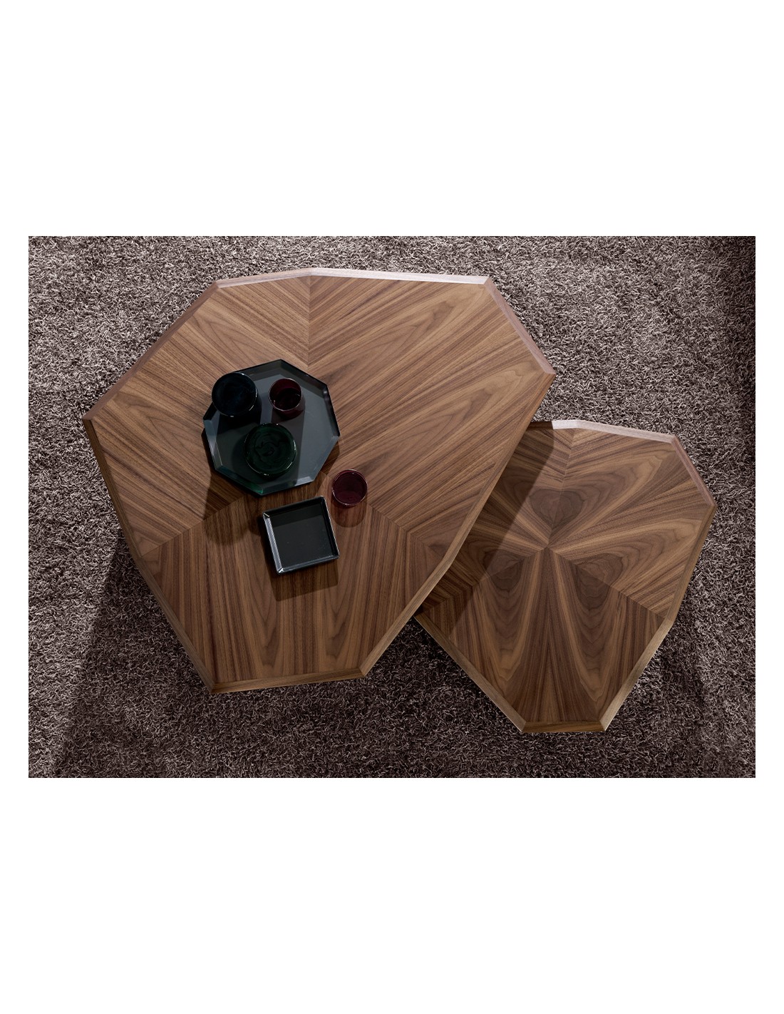 Mesa centro asimétrica nogal y pvc negro