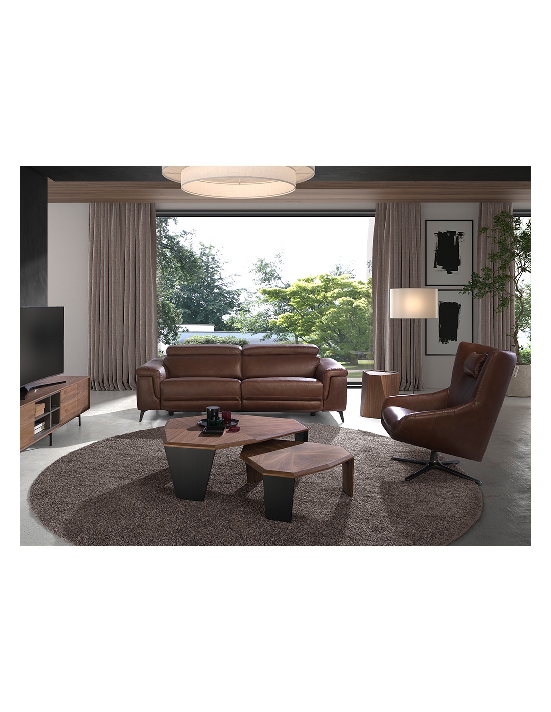 Mesa centro asimétrica nogal y pvc negro