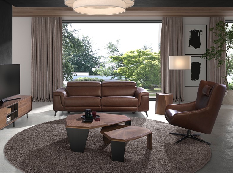 Mesa rincón triangular mármol porcelánico, nogal y nogal