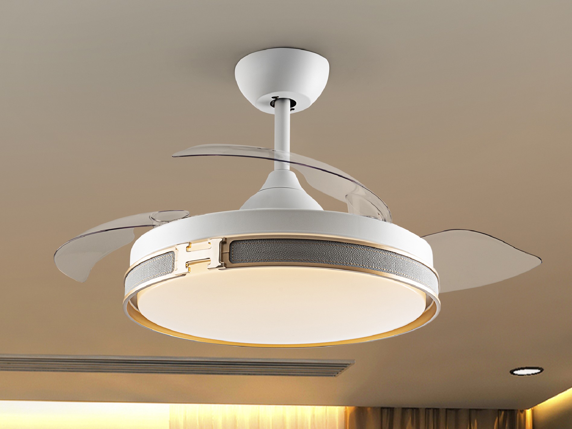 ·HERON· FAN, WHITE/GOLD, DIMMABLE