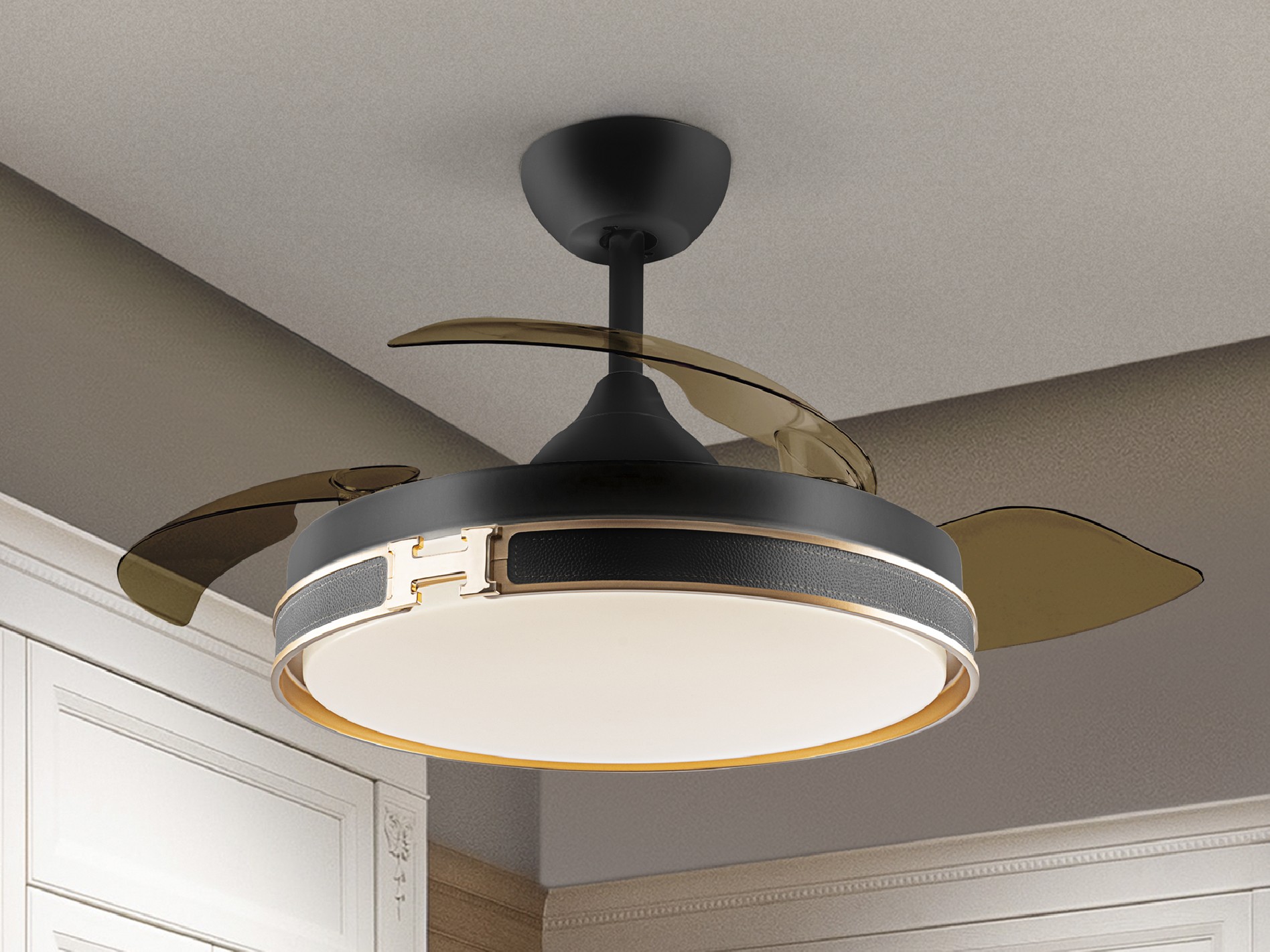 HERON- FAN, BLACK/GOLD, DIMMABLE